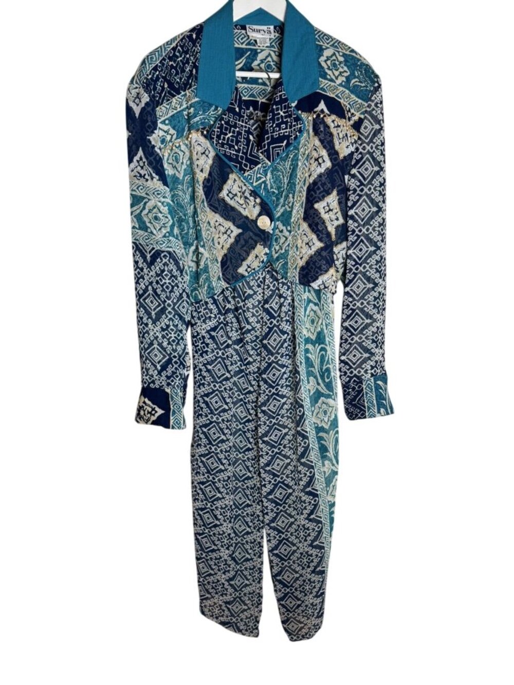 Vintage 80s 90s 2-Piece Suit w/ Cropped Blazer Sheer Palazzo Pants, Size Large